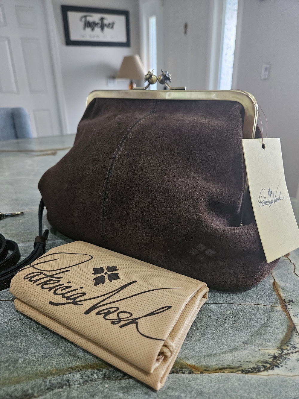 NWT Patricia Nash Sofia Chocolate Suede Kiss Lock Frame Bag Medium